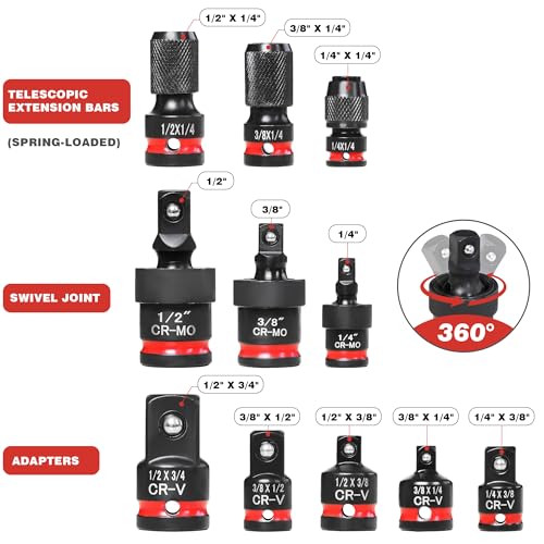 11-Piece Impact Socket Adapter Set, 1/4" 3/8" 1/2" Drive | Impact Rated Drill Socket Adapters & Extensions, CR-V & CR-MO Steel, Ball Detent for Secure Fit