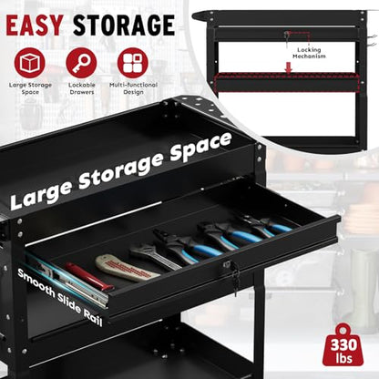 3 Tier Rolling Cart, Heavy Duty Utility Industrial Service Carts on Wheels, Metal Tool Cart with Locked Drawers, Ideal for Garage, Warehouse and Repair Shop（Black） - color: Black