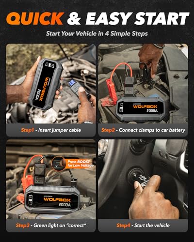 WOLFBOX 2000A Jump Starter, 44.4Wh Battery Jumper Starter Portable with LED Display, 12V Car Battery Jump Starter Pack (7L Gas 6L Diesel Engine) with Booster, LED Light, Jumper Cables (NO Adapter) - size: 2000A