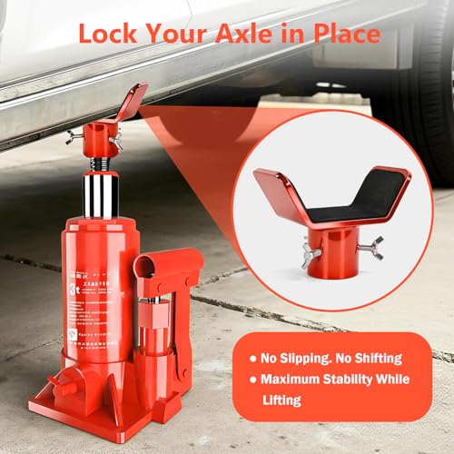 Adjustable Bottle Jack Adapter with Triple-Lock – 1/4" Steel V-Shaped Axle Saddle for 2T-12T Bottle Jacks, Fits 3" & 4" Axle Tubes for Stable, Wobble-Free Support on RVs, Trucks, Trailers
