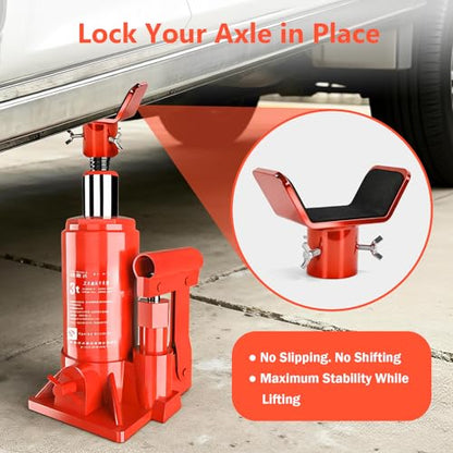Adjustable Bottle Jack Adapter with Triple-Lock – 1/4" Steel V-Shaped Axle Saddle for 2T-12T Bottle Jacks, Fits 3" & 4" Axle Tubes for Stable, Wobble-Free Support on RVs, Trucks, Trailers