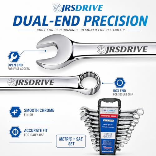 22 Piece Combination Wrench Set SAE & Metric Tool Kit CR-V Steel Mechanic Tool Set with Wrench Organizer Pro Tools for Tool Box Pipe Wrench & Torque Wrench Compatible 1/4" to 7/8" & 8-22mm