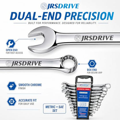 22 Piece Combination Wrench Set SAE & Metric Tool Kit CR-V Steel Mechanic Tool Set with Wrench Organizer Pro Tools for Tool Box Pipe Wrench & Torque Wrench Compatible 1/4" to 7/8" & 8-22mm