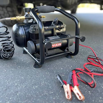 VIAIR 380C Plug-N-Play Compressor, 12V, 1.5 gallon tank, 200 PSI Rated with Alligator Clamps, for nailing, air tools, tire inflation - style: Battery Clamps