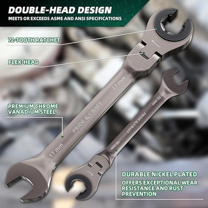 PRIDE&CRAFT 6-Piece Flex-head Ratcheting Wrench Set, Metric 10-17mm Tubing Wrench Set, CR-V Steel, Nickel Plating, Open-head Brake Line Wrench Set with Organizer Pouch - size: 6PC Metric Ratcheting Flex Head