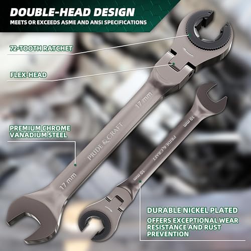 PRIDE&CRAFT 6-Piece Flex-head Ratcheting Wrench Set, Metric 10-17mm Tubing Wrench Set, CR-V Steel, Nickel Plating, Open-head Brake Line Wrench Set with Organizer Pouch - size: 6PC Metric Ratcheting Flex Head