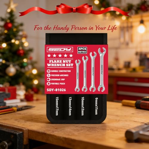 SEDY 4-Piece Flare Nut Wrench Set, Offset End Spanner Metric 9 10 11 12 13 14 15 17mm, CR-V Steel Storage Pouch Repair and Remove Nuts on Fuel Tube Hose Transmission Line - style: 4-Pc Metric (Flare Nut)