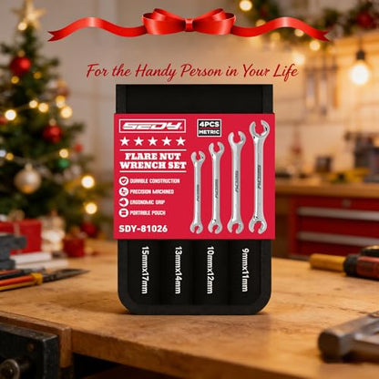 SEDY 4-Piece Flare Nut Wrench Set, Offset End Spanner Metric 9 10 11 12 13 14 15 17mm, CR-V Steel Storage Pouch Repair and Remove Nuts on Fuel Tube Hose Transmission Line - style: 4-Pc Metric (Flare Nut)