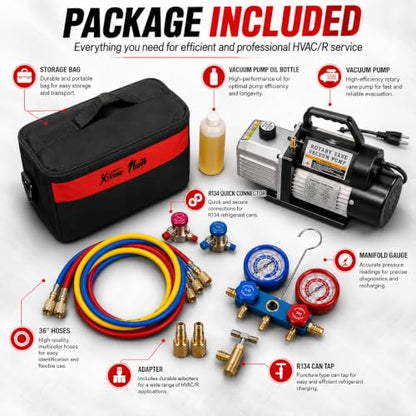XtremepowerUS 3CFM 1/4HP Vacuum Pump HVAC R134a, R12, R22, R410a, A/C Refrigeration R134 Can Tap Adapter, R134 Quick Connector AC Manifold Gauge Air Conditioner Oil Bottle w/Bag - size: 3 CFM