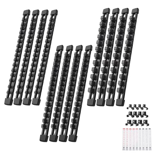 Reniteco 12-Pack Socket Organizer Set, 1/4" x 64 3/8" x 60 1/2" x 48 Clips | 172 Clip Capacity, Havy-Duty ABS Socket Rails, Removable Clips, Drive Socket Storage, Toolbox Drawer or Wall Mount - color: Black, size: 12 Pcs