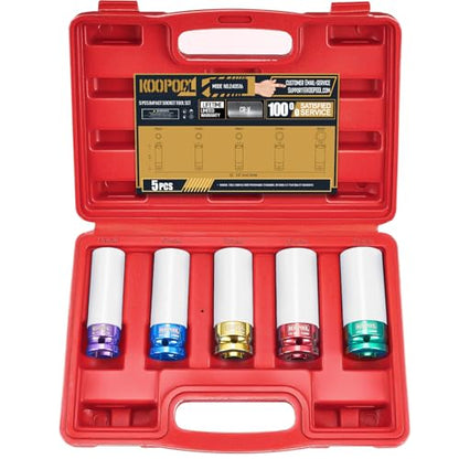 KOOPOOL 1/2" 5-Pc Lug Nut Socket Set 15-22mm Thin Wall w/Sleeve | 5-pc metric 15-22mm lug nut socket set. Non-scratch nylon sleeve. Cr-Mo steel, color electroplate. Thin wall, color-coded - color: Red