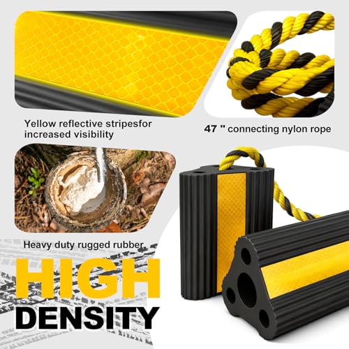 Wheel Chocks for RV Trailer Camper Truck Car, Versatile Heavy Duty Rubber Wheel Immobilizers & Chocks, Wheel Chocks Block with Rope and Reflective Strips [2 Pair 4 Pack]