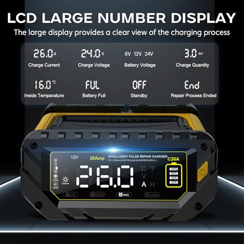 Car Battery Charger Auto-Stop 6V/12V/24V Trickle Charger | Max 26 Amp, Lithium LiFePO4 & Lead-Acid(All Car Battery) Battery Maintainer, Overcharge Protection, Temperature Compensation