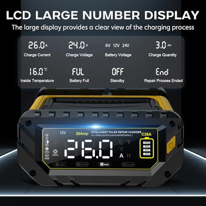 Car Battery Charger Auto-Stop 6V/12V/24V Trickle Charger | Max 26 Amp, Lithium LiFePO4 & Lead-Acid(All Car Battery) Battery Maintainer, Overcharge Protection, Temperature Compensation