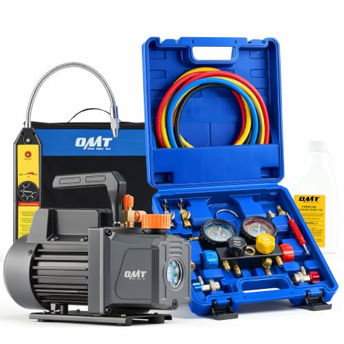 Orion Motor Tech AC Vacuum Pump and Gauge Set, 1/3 hp 4 cfm Vacuum Pump Manifold Gauge Kit with Leak Detector 4 Hoses & Accessories for R134a R22 R410a, A/C Vacuum Pump Kit for Auto HVAC Systems - size: 4.0 CFM&4 way