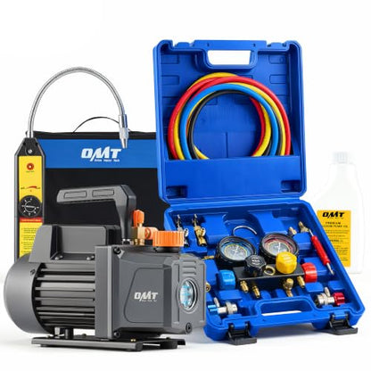 Orion Motor Tech AC Vacuum Pump and Gauge Set, 1/3 hp 4 cfm Vacuum Pump Manifold Gauge Kit with Leak Detector 4 Hoses & Accessories for R134a R22 R410a, A/C Vacuum Pump Kit for Auto HVAC Systems - size: 4.0 CFM&4 way