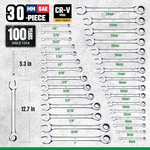 SK Ratcheting Wrench Set, Combination Wrench Set, 30-Piece, SAE 1/4" to 1", Metric 8 to 24mm, 72-Tooth, Premium CR-V Construction, with Rolling Pouch - size: 30-Piece, SAE 1/4" to 1", Metric 8 to 24mm