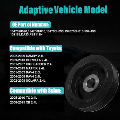 AULINK 594-198 Harmonic Balancer Crankshaft Pulley For 2001-2013 Toyota Camry Corolla Highlander Matrix RAV4 Solara, For Scion TC 2005-2010, XB 2008-2015 2.0L 2.4L Replaces 1347028020 1340700H010