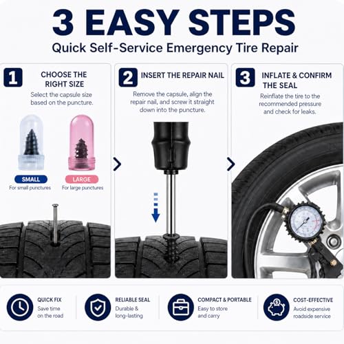 Yovimak60 Pcs Tire Plug Kit, Screw-in Repair Plugs with Screwdriver and Storage Case, Rubber Nail Set for Tubeless Tire Punctures, Emergency Repair for Cars, Motorcycles, Trucks, Bikes(60)