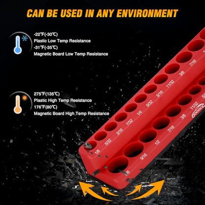 GOOACC Magnetic Socket Organizer Set, 6 Pieces Magnetic Socket Holder 1/2", 1/4", 3/8" Drive Metric & SAE Socket Tool Set, Socket Organizer Tray for Tool Box Drawer Holds 143 Standard Sockets - size: 6PCS SAE & Metric Red Black