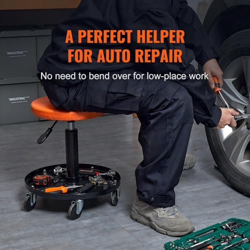 Adjustable Mechanics Rolling Creeper Seat Stool 16-22 Inch Height 250 Lbs Capacity Tool Tray for Shop Garage