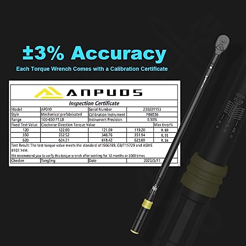 ANPUDS 3/4" Click Torque Wrench, 100-650 Ft-Lb/135.5-880.8 Nm, Heavy Duty | ±3% Accuracy, Dual-Direction, 48-Tooth, Quick Release Reversible Head for Semi Truck, Tractor, Diesel Engine, Farm - size: 100-650 ft-lb / 135.5-880.8 Nm