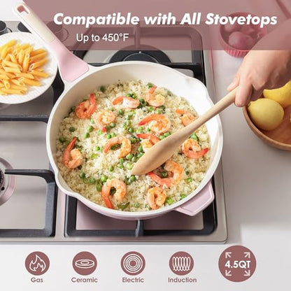 SENSARTE Nonstick Ceramic Skillet with Lid 11-inch, 4.5QT Non Toxic Deep Frying Pan, Saute Pan with Lid, Stay-cool Handle, Healthy Cooking Pot, Induction Compatible, Pink - color: Sakura Pink, size: 11-inch/4.5QT