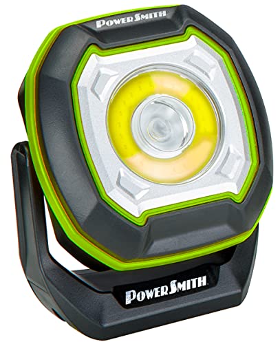 PowerSmith Rechargeable Work Light Magnetic Work Light 800 Lumen Flood Light 500 Lumen Spot Light, Hook and 1/4" Threaded Fitting for Tripod, USB Output (PILF800S) | Rechargeable Magnetic LED Work Light