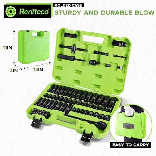 Reniteco 95-Piece 3/8" Socket Set, SAE (5/16"-3/4") & Metric (8mm-22mm), Ratchet Handle, Extension Bar, Adapter, Universal Joint, Power Drill Adapter, Screwdriver Bit, Spark Plug Socket - size: 95 PCS