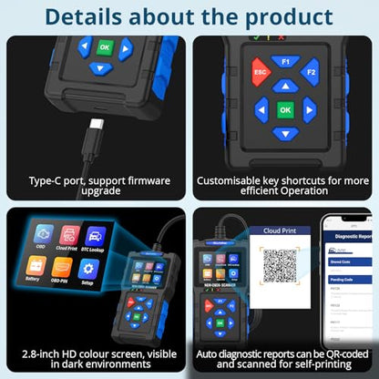 OBD2 Scanner Code Reader, Check Engine Diagnostic Tool with 2.8in Screen | 50,000+ DTCs, Battery Cranking/Charging Test, Live Data, 9 OBDII Modes, Cloud Print, Type-C Updates