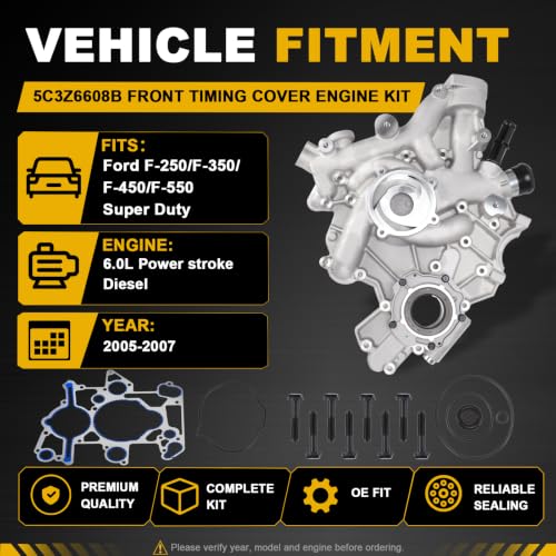 5C3Z6608B Front Timing Cover Engine Kit Fit for Ford F-250 F-350 F-450 F-550 Super Duty 6.0L Powerstroke Diesel 2005-2007
