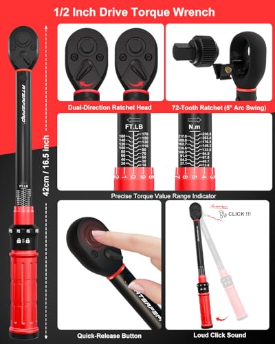ATsafepro 1/2" Drive Torque Wrench Set, 10-170 ft-lb ±3% Accuracy, 72-Tooth Click Torque Wrench with 17/19/21mm Lug Nut Sockets, Extension Bar, Tire Pressure Gauge & 20pcs Flat Tire Repair Kit for Car
