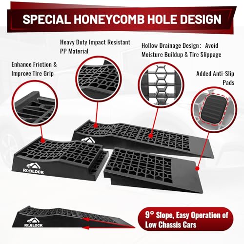 ROBLOCK Removable Low Profile Car Ramps for Jack Support and High Lift, Heavy Duty Car Ramps for Low Cars, Detachable Vehicle Ramps for Garage,15.35''-27.83'' L, 2Packs