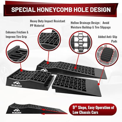 ROBLOCK Removable Low Profile Car Ramps for Jack Support and High Lift, Heavy Duty Car Ramps for Low Cars, Detachable Vehicle Ramps for Garage,15.35''-27.83'' L, 2Packs
