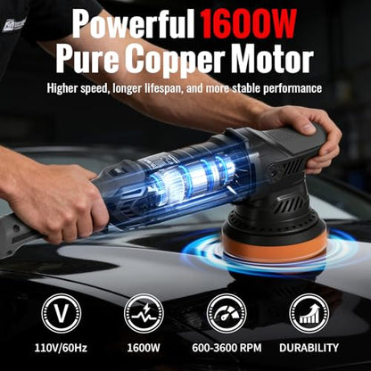 Car Buffer Polisher, 5 Inch Random Orbital Car Polisher, 1600W 6 Variable Speed 600-3600 RPM, 26Pcs Attachments, Polisher for Car Detailing, Boat Sanding, Scratch Removing