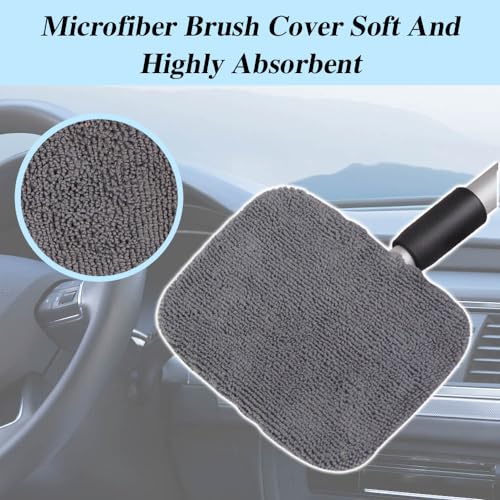 Car Windshield Cleaning Tool, Microfiber Window Cleaner with Washable and Reusable Cloth Pad & Long Handle, Universal Car Accessories Auto Glass Wiper Kit for Interior & Exterior Cleaning