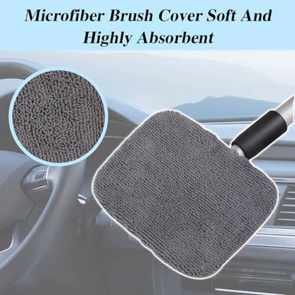 Car Windshield Cleaning Tool, Microfiber Window Cleaner with Washable and Reusable Cloth Pad & Long Handle, Universal Car Accessories Auto Glass Wiper Kit for Interior & Exterior Cleaning