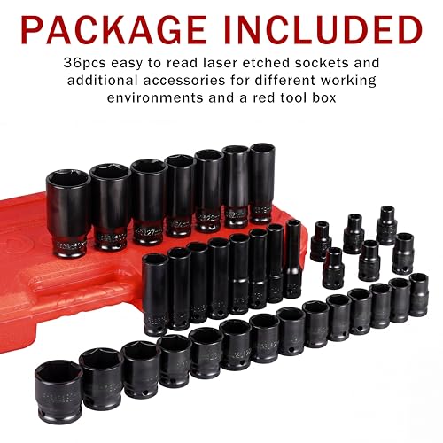 35PCS Impact Sockets Set 1/2" Deep 6 Point Socket Tool Drive Jumbo Impact Socket Kit for Metric Garage Workshop 8-32 MM (1/2" Impact Socket Set) - size: 1/2" Impact Socket Set