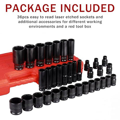 35PCS Impact Sockets Set 1/2" Deep 6 Point Socket Tool Drive Jumbo Impact Socket Kit for Metric Garage Workshop 8-32 MM (1/2" Impact Socket Set) - size: 1/2" Impact Socket Set