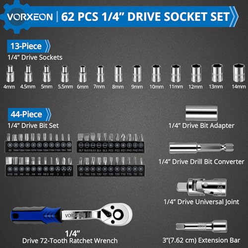 62-Piece 1/4" Drive Sockets with 72-Tooth Ratchet Wrench Set, Metric Sockets 4-14mm, 44 Screwdriver Bits, Universal Joint, Extension Bar, Storage Case - size: 62-PCS 1/4" Socket Ratchet Wrench Set