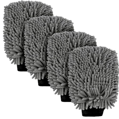 Car Wash Mitt Microfiber, Premium Chenille Microfiber Wash Car Mitts Sponge Scratch Free & Lint-Free, Mitts Waterproof Lining 4 Pack Gray(8''X12'') - size: XCST_8X12IN_GY_4PCS