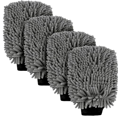 Car Wash Mitt Microfiber, Premium Chenille Microfiber Wash Car Mitts Sponge Scratch Free & Lint-Free, Mitts Waterproof Lining 4 Pack Gray(8''X12'') - size: XCST_8X12IN_GY_4PCS