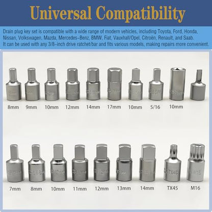 21PCS 3/8" Drive Oil Drain Sump Plug Key Set, Drain Plug Socket Kit | Hex, Square Triangle, Torx, Spline, Gearbox, Engine Repair, Mechanic tool, Oil Sump, Differential, Back Axle, Socket Wrench