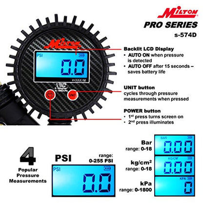 Milton Pro Digital Tire Pressure Gauge S-574D, Straight Foot Chuck, Pistol Grip Handle, Easy to Read 0.1 Display, 255 PSI Max Pressure, 15 Inch Hose, 1/4" NPT (PSI, kPa, Bar, and kg/cm2) - size: Straight Foot Chuck, style: Digital