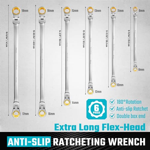 DURATECH Extra Long Anti-Slip Flex-Head Ratcheting Wrench Set, Metric | Double Box End Wrench Set, CR-V Steel, 8x9mm, 10x11mm, 12x13mm, 14x15mm, 16x18mm, 17x19mm, with Pouch - size: 8-19mm set