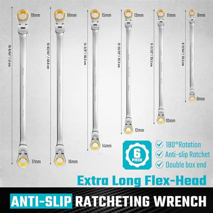 DURATECH Extra Long Anti-Slip Flex-Head Ratcheting Wrench Set, Metric | Double Box End Wrench Set, CR-V Steel, 8x9mm, 10x11mm, 12x13mm, 14x15mm, 16x18mm, 17x19mm, with Pouch - size: 8-19mm set