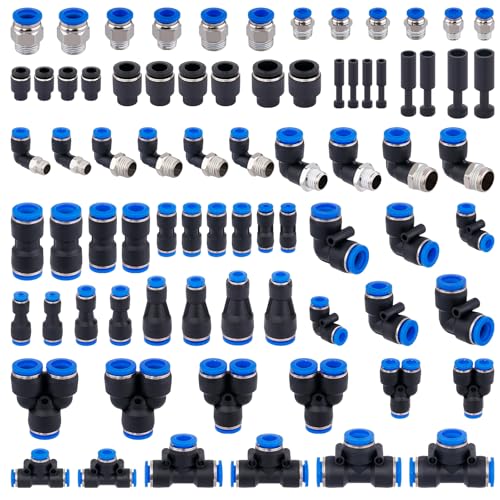 78 PCS Air Line Quick Connect Fittings 1/8" 1/4" 5/16" 3/8" 1/2" Quick Connect Air Hose Fittings Push Lock Fittings Quick Release Pneumatic Kit for Air Compressor Pneumatic System - size: 78PCS