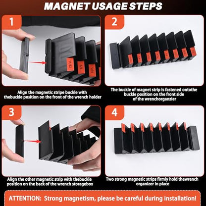32 PCS Magnetic Wrench Organizer for Tool Drawer Storage, Black | Modular Wrench Holder with 6 Magnetic Strip, with SAE/Metric Labels, Perfect Tool Gift for Mechanics, DIYers, Father, Men - size: With Magnetic
