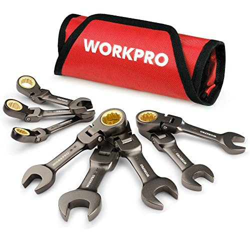 WORKPRO 8 Piece Flex Head Stubby Ratcheting Combination Wrench Set, SAE 5/16-3/4 in, 72-Teeth, CRV, Nickel Plating with Rolling Pouch - size: SAE, style: Nickel-plated