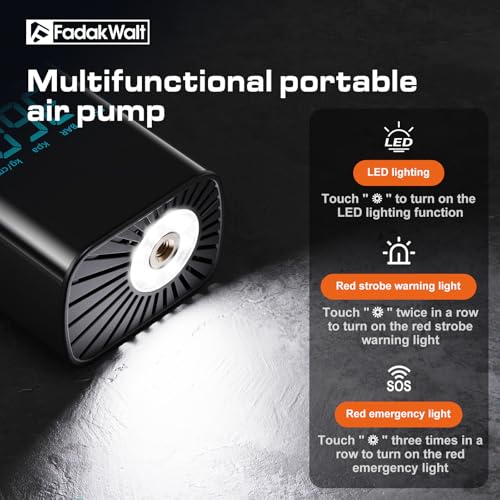 FADAKWALT Tire Inflator Portable Air Compressor, 150 PSI Cordless Air Pump for Car Tires with Smart Touch Screen, Auto Shut-Off Digital Gauge and SOS LED Light for Cars, SUVs, Bikes and Balls